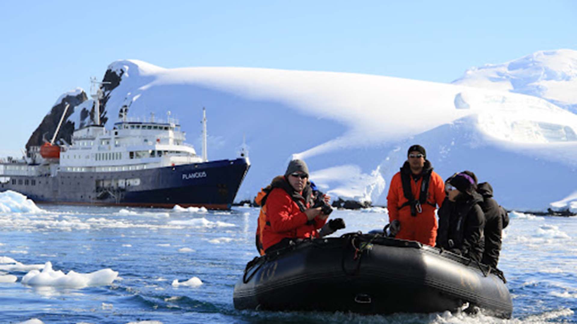 a zodiac getting ashore from the ship in Svalbard