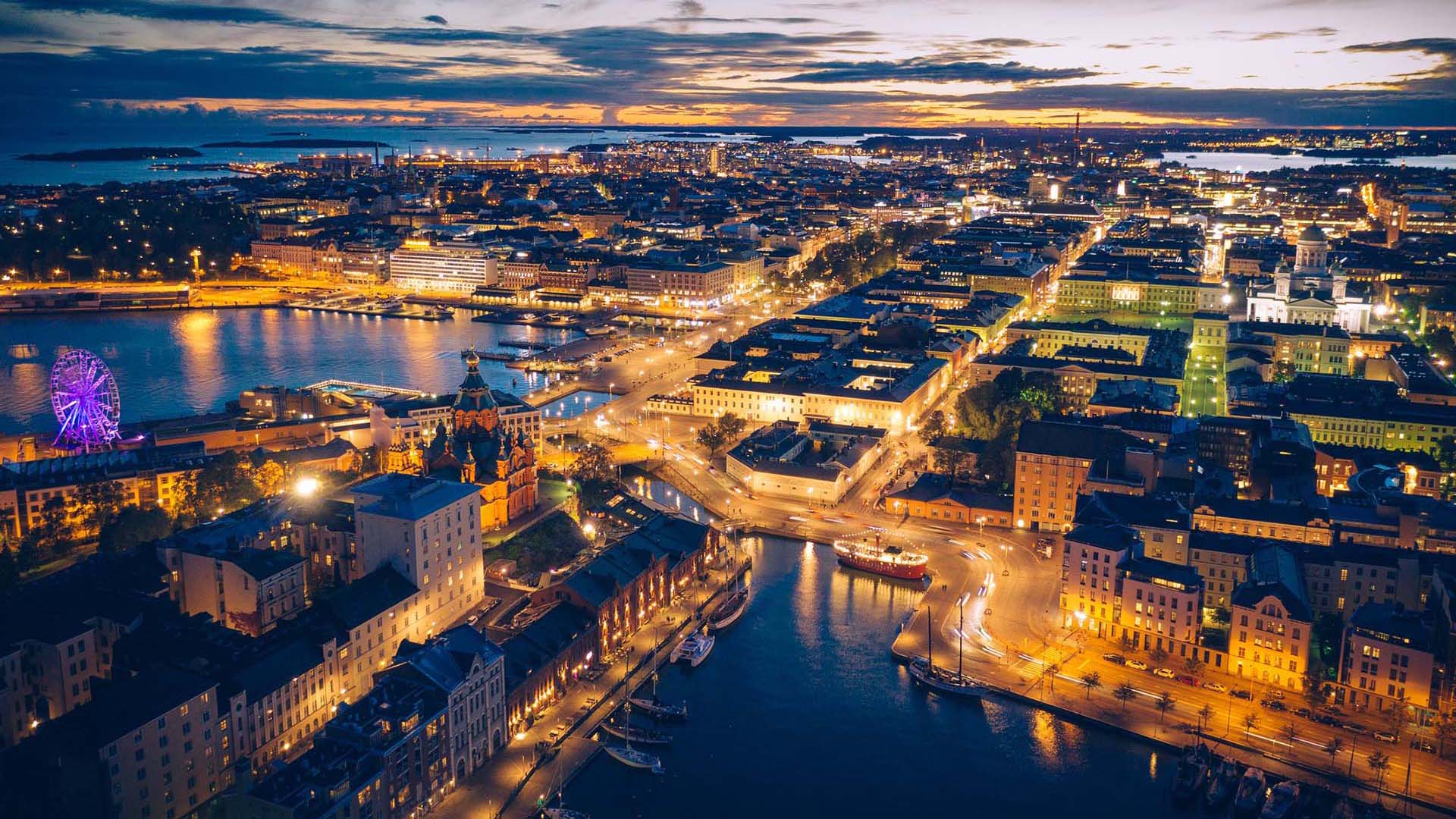 Aerial view of Helsinki at sunset