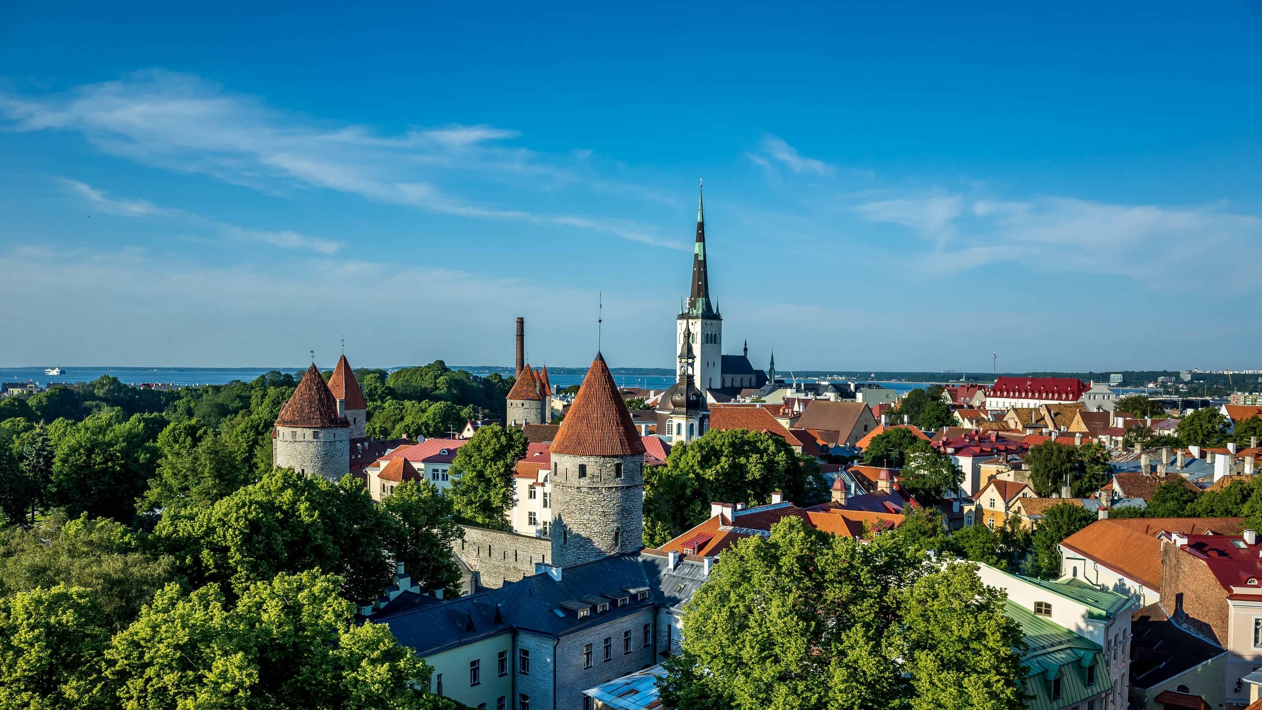 city-architecture-tower-old-tallinn-estonia aerial view of Tallinn city centre in summer